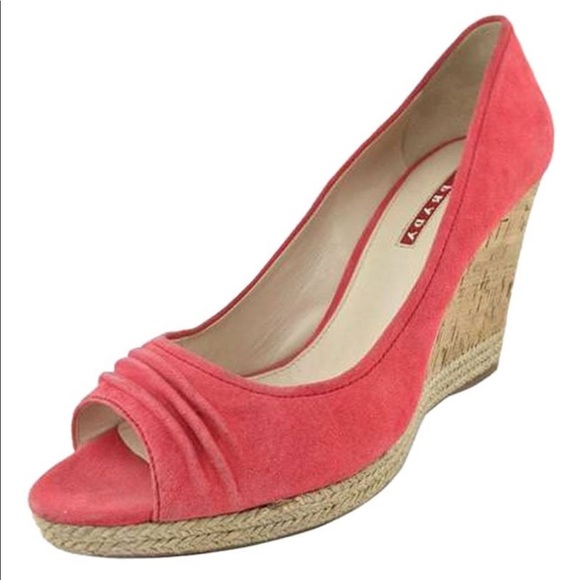 Prada Suede Open Toe Cork Wedge Pumps shoes 38 - Picture 1 of 16